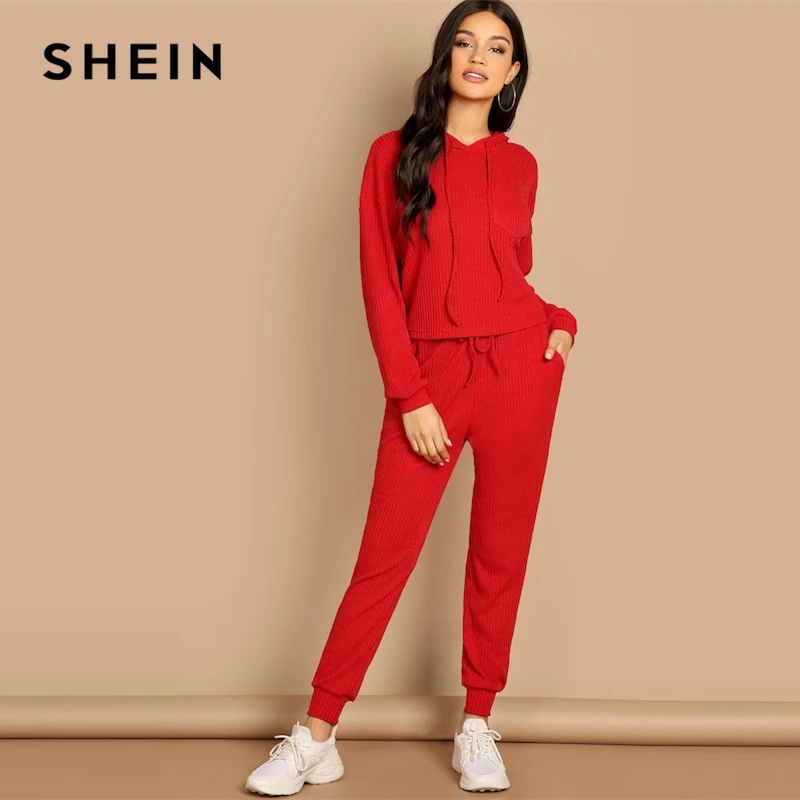 SHEIN Трикотажный Спортивный Костюм В Рубчик Стильные Брюки И Топ С Длинным Рукавом