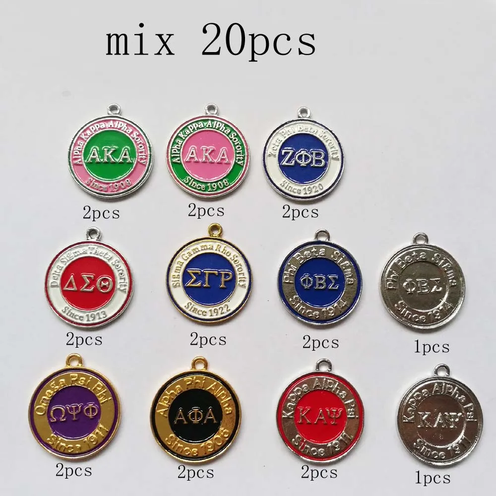 20pcs mix design Альфа, Фи Альфа братства и Сорорити Круглый Шарм с Fit браслет и Цепочки и ожерелья - Окраска металла: 20pcs mix design