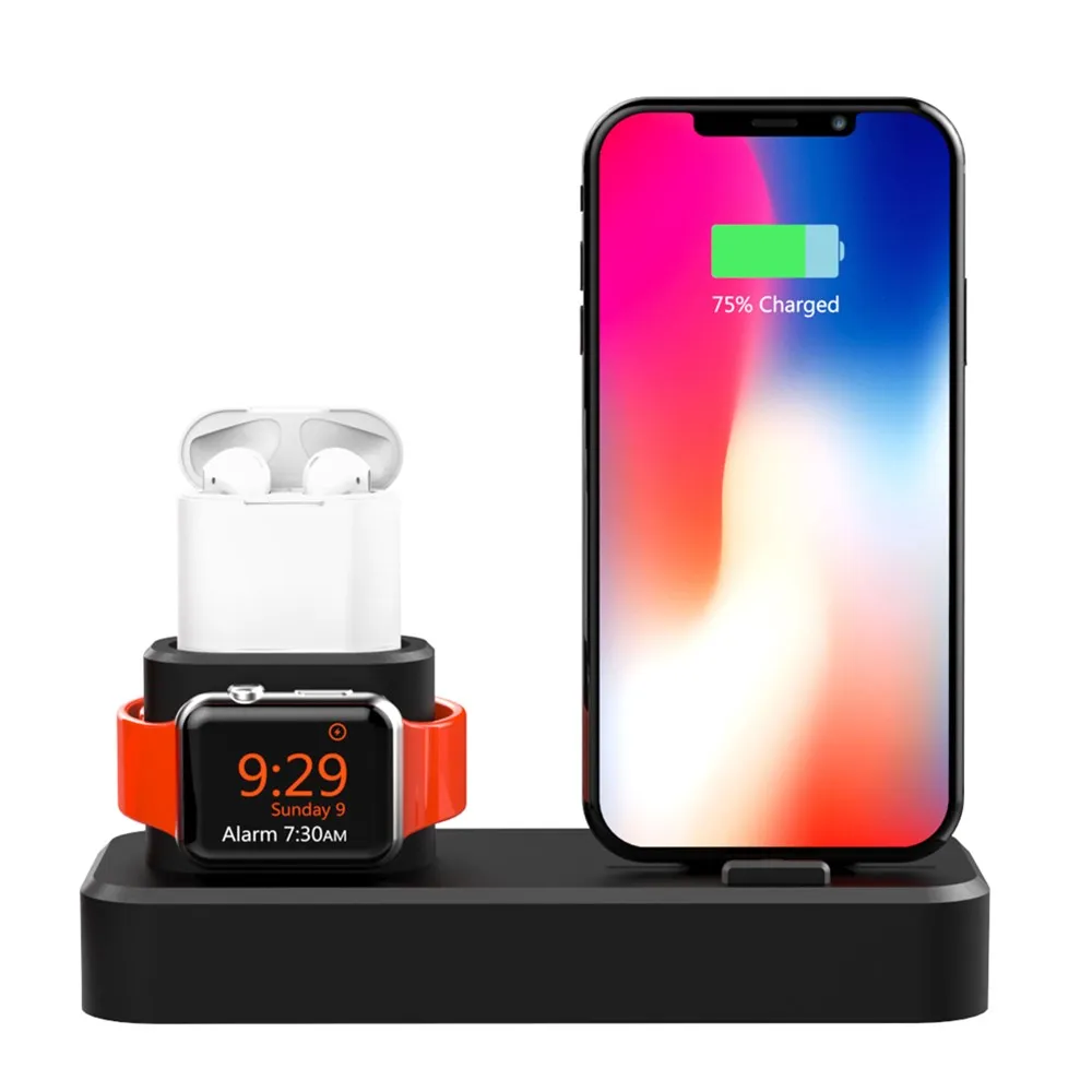 3 в 1 зарядная док-станция держатель для iPhone XS XR 8 8 Plus 7 6 силиконовая зарядная подставка Док-станция для Apple watch 4 3 2 для Airpods - Цвет: Black