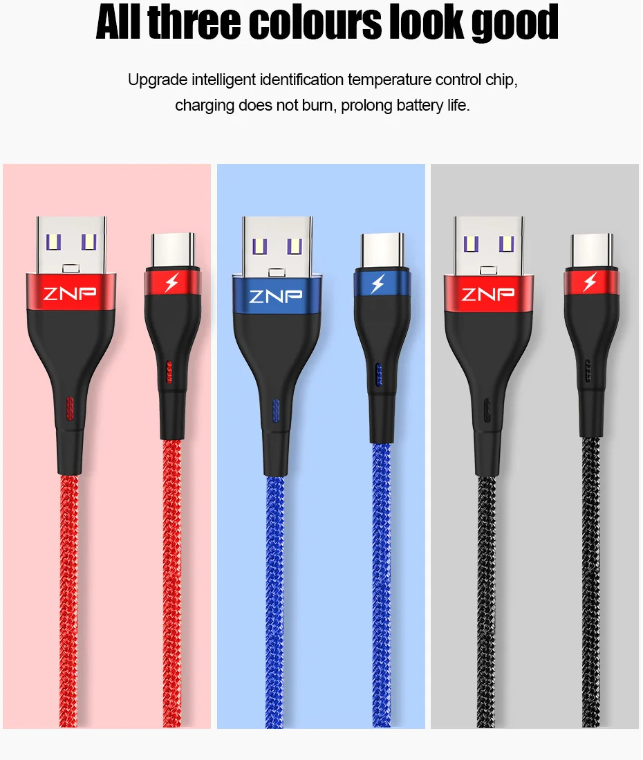 ZNP usb type-C кабель для Xiaomi Redmi Note 7 mi9 USB C кабель для samsung S10 провод для быстрого заряда USB-C шнур для зарядки мобильного телефона