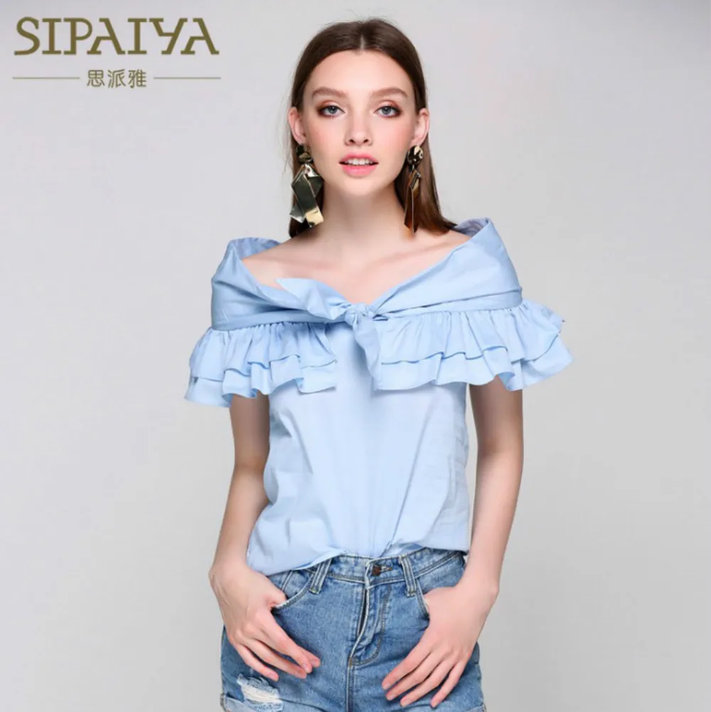 

Runway Women's Ruffles Blouses Sexy Off Shoulder Bow Slash Designer Tops 2019 Summer Female Blouse Solid White Blue Top Shirts
