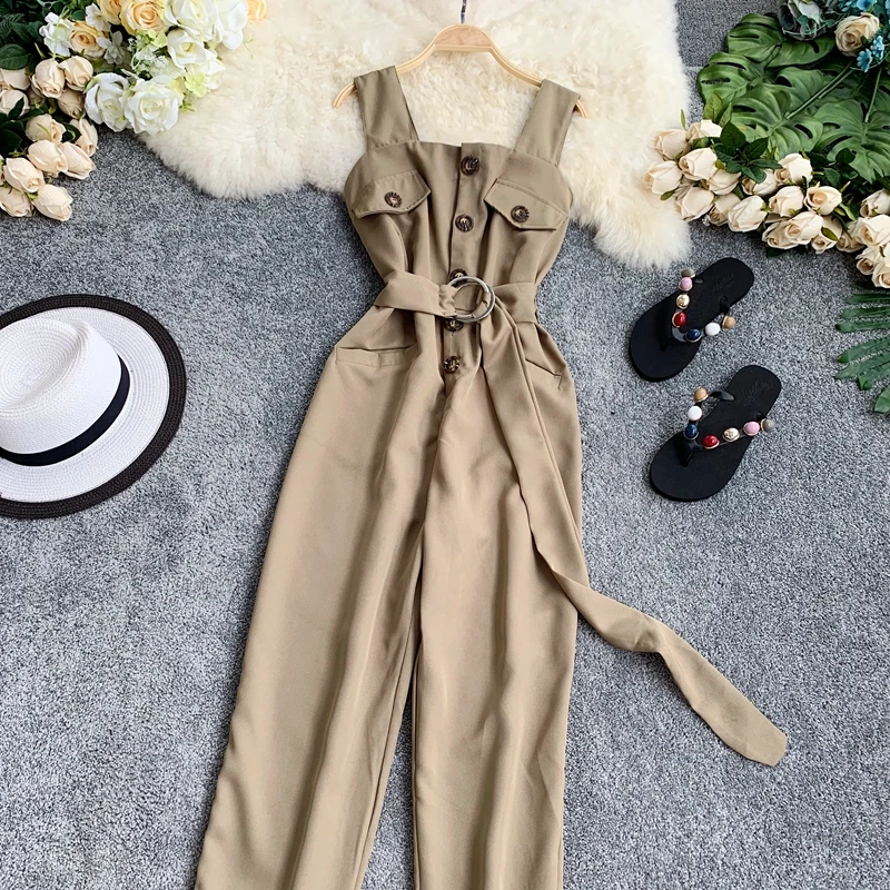 Новинка 2019 года Модные женские комбинезоны однобортные с карманами и завязками