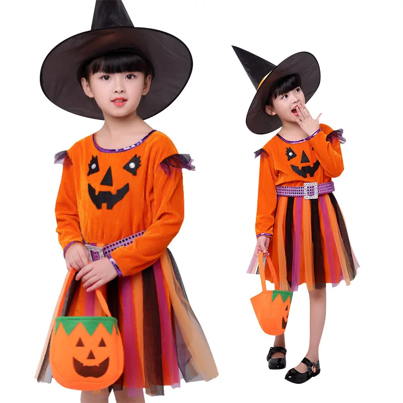 Girl witch Cosplay costume Party children kids girls Halloween party dress pumpkin | Тематическая одежда и униформа