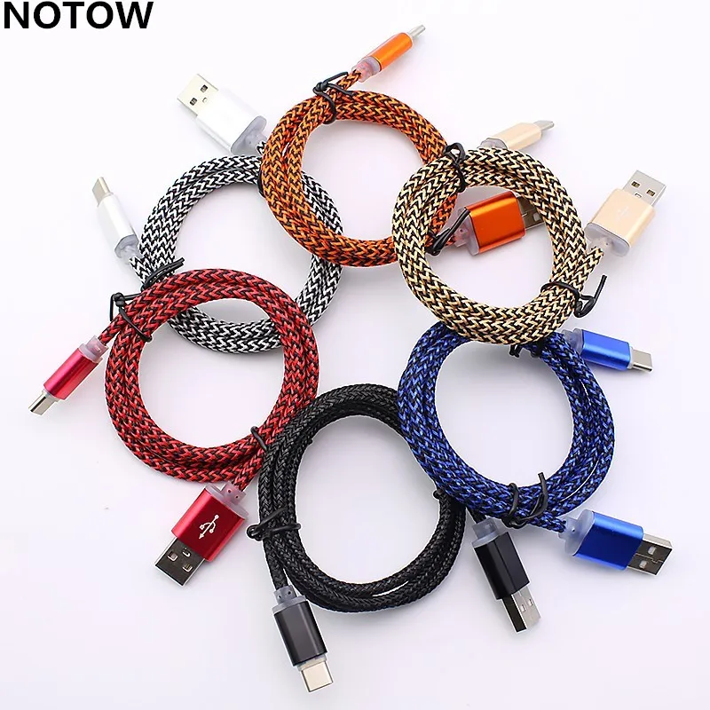 USB зарядное устройство NOTOW 1 м/2 м/3 м с тканевой оплеткой Type C 3 зарядка и
