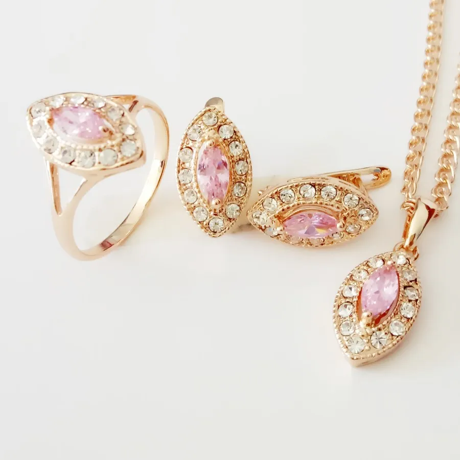 Комплект из колье серёг и кольца цвета розового золота|luxury wedding jewelry set|women necklace and
