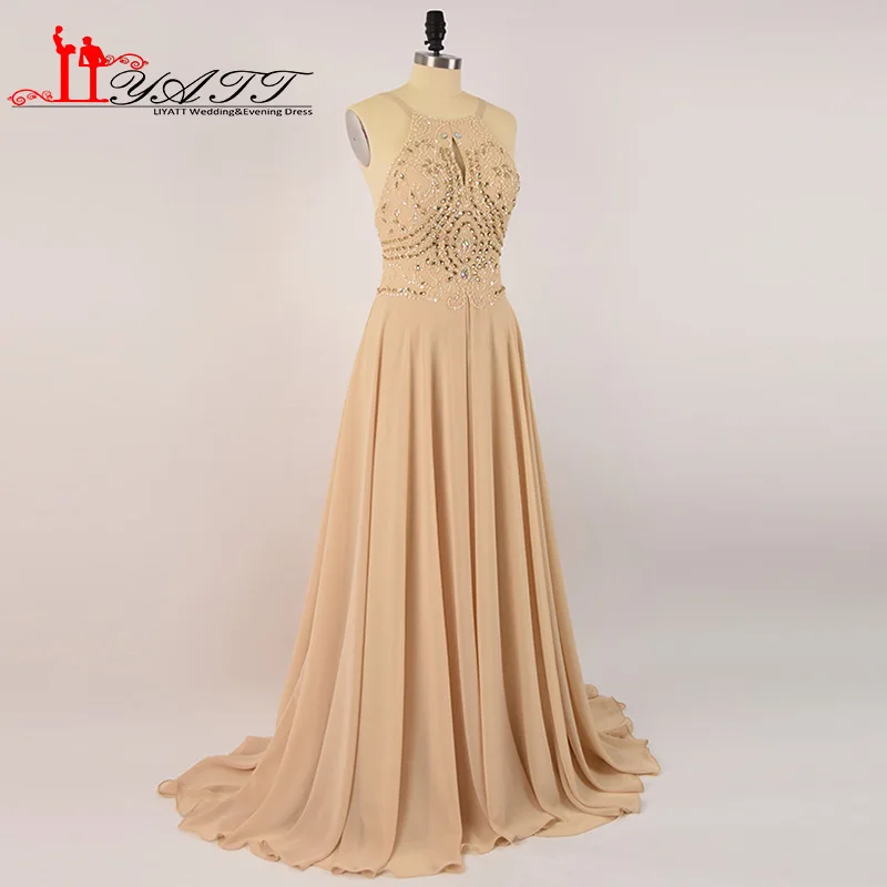 LIYATT настоящая фотография Шампанское Холтер декольте Кристалл бусины спинки