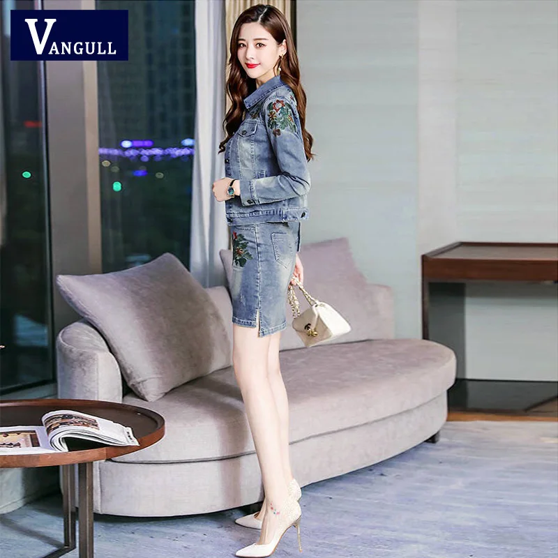 Vangull 2019 Осенняя Женская Цветочная джинсовая куртка с вышивкой юбка костюм