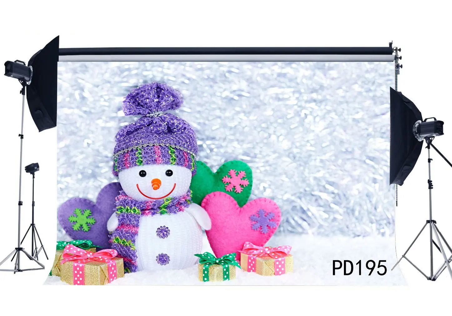 

Photography Backdrops Bokeh Halos Falling Snowflakes Lovely Snowman Christmas Gifts Hearts Xmas Theme Seamless