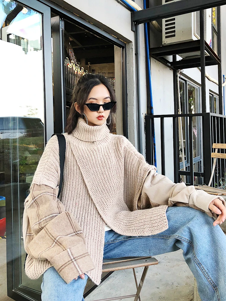 Свитер для влюбленных новинка 2019 вязаный клетчатый свитер с высоким воротником и