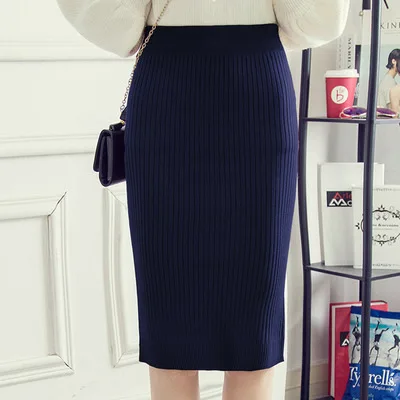 Autumn Women Knitted High Waist Skirts Knee-Length Pencil Skirt Vintage Package Hip Wool Jupe Femme Faldas Mujer | Женская одежда