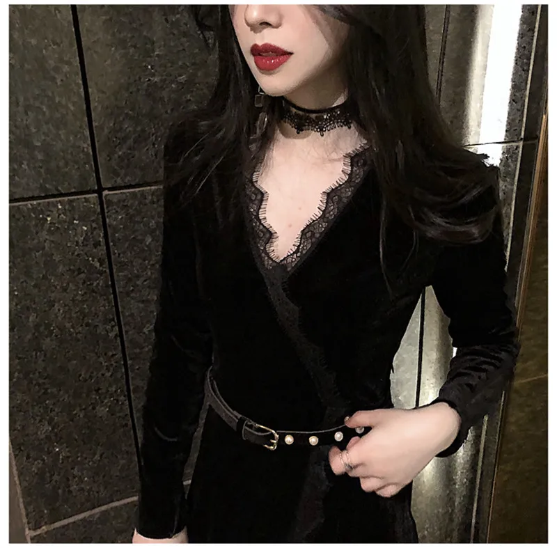 AYUNSUE 2020 женское черное сексуальное кружевное бархатное платье с v образным