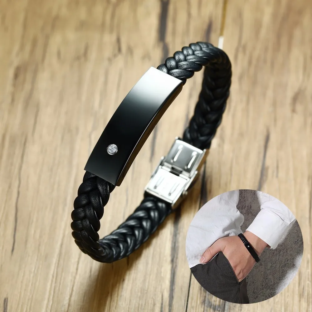 Поразительная Мужская Черная идентификационная бирка на плетеном кожаном
