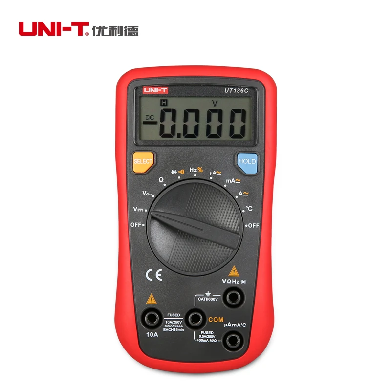 

UNI T UT136C Digital Multimeter 3999 Count AC DC Voltmeter Ammeter Ohmmeter Temperature Frequency Diode tester Data hold