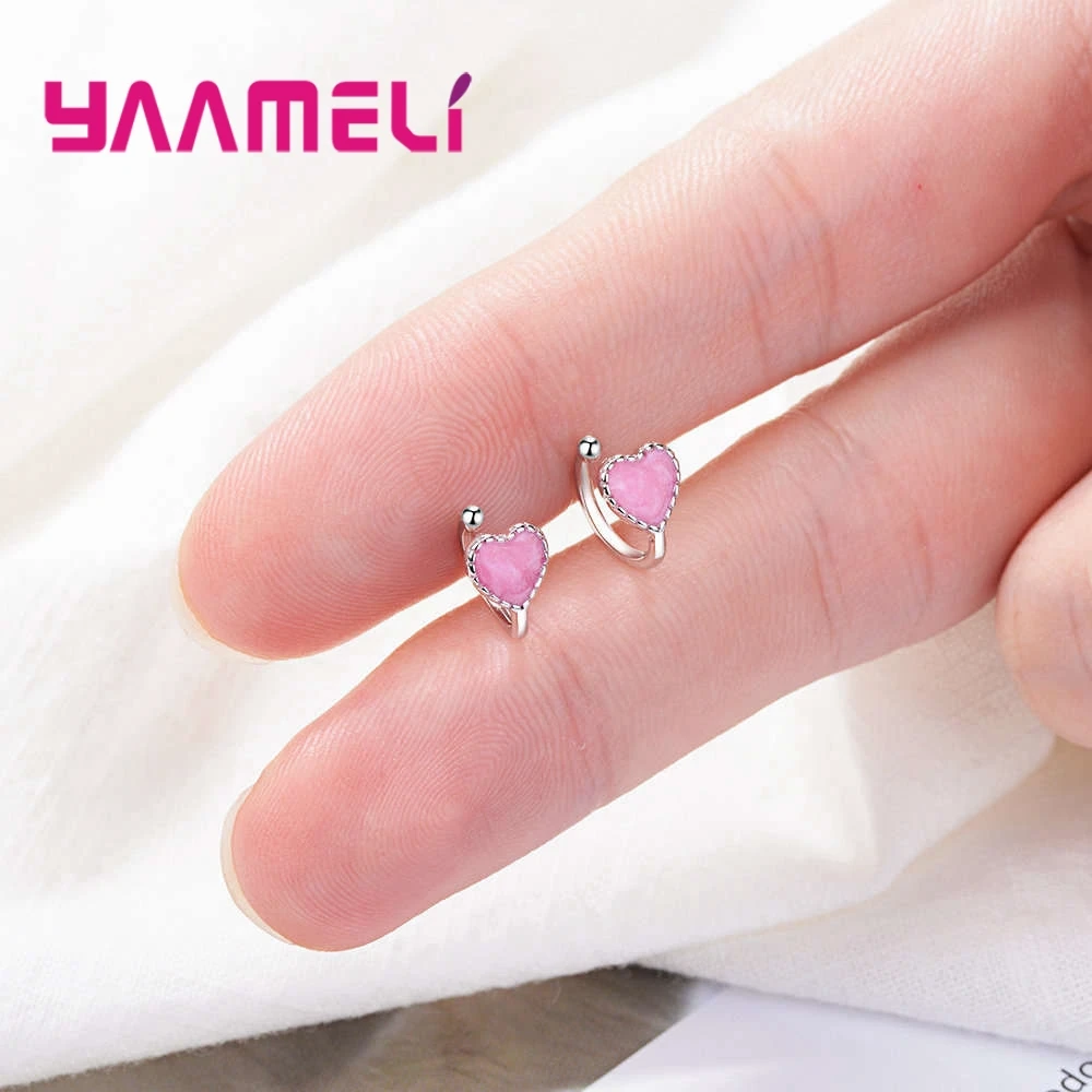 

New Lovely Hearts Design Women Lady Girls Pink Heart Earrings For Women 925 Sterling Silver Small Earrings Free Shipping