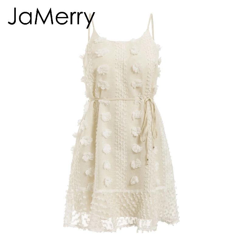 JaMerry, винтажное, элегантное, Цветочная вышивка, женское, короткое платье, сексуальный, на тонких бретелях, летний сарафан, одноцветное, женское, повседневное платье - Цвет: Бежевый