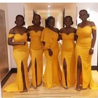 2019 желтые платья подружки невесты с юбкой-годе, дешевые простые длинные сексуальные платья с открытыми плечами и разрезом сбоку для гостей свадьбы и выпускного вечера