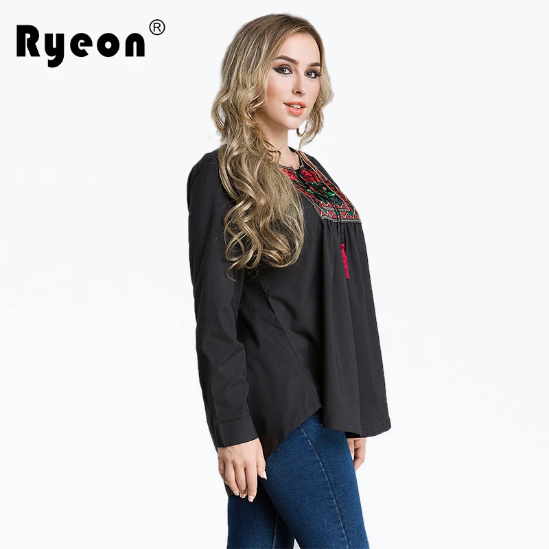 Ryeon Plus Size Women Blouse Shirt Embroidery Tassel Ethnic Sexy Black Casual Loose Long Sleeve Cotton Blouse7xl 6xl 5xl |