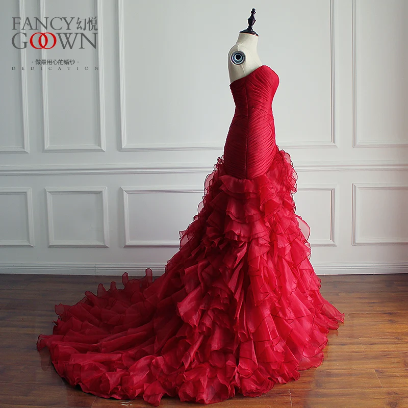 Vestido De Noiva Sereia Sexy Strapless Red Wedding Dresses Mermaid Ruffles Skirt Bride 2017 Court Train Plus Size | Свадьбы и