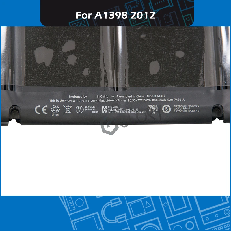 

Laptop A1398 Battery A1417 10.95V 95Wh 8460mAh For Macbook Pro Retina 15-inch Mid-2012 Early-2013 Battery Replacement