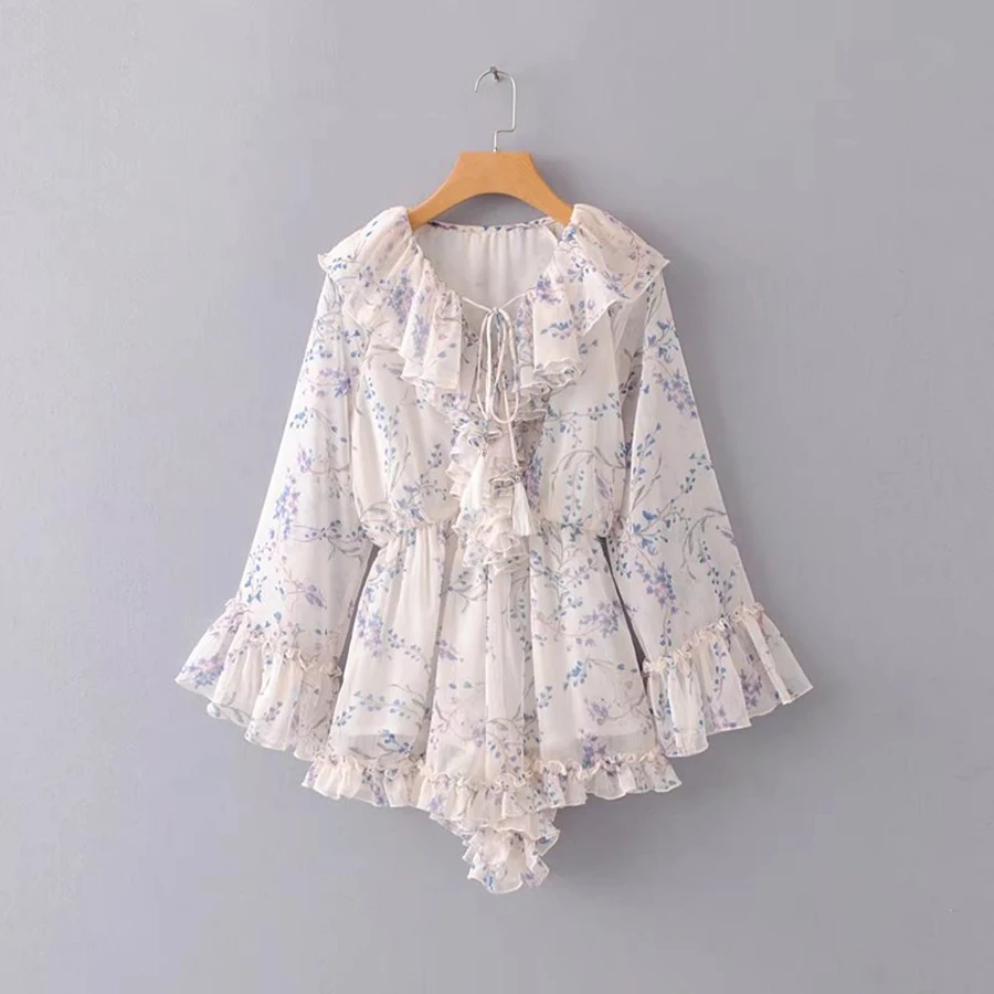 TEELYNN Цветочные boho женские костюмы 2018 принт шифон Длинные рукава Сексуальные