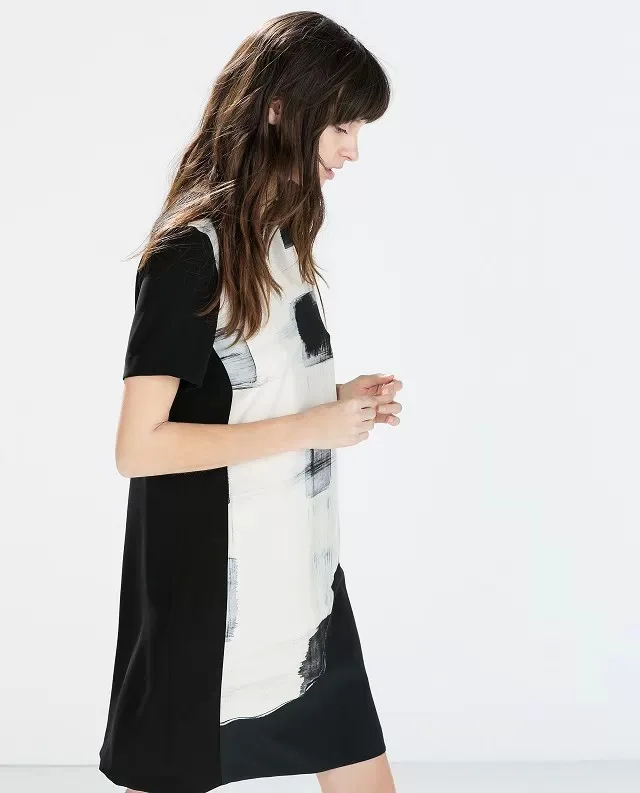 2015 New arrival Ladies' Elegant cute black white print dress vintage O-neck short sleeve casual slim brand design | Женская одежда