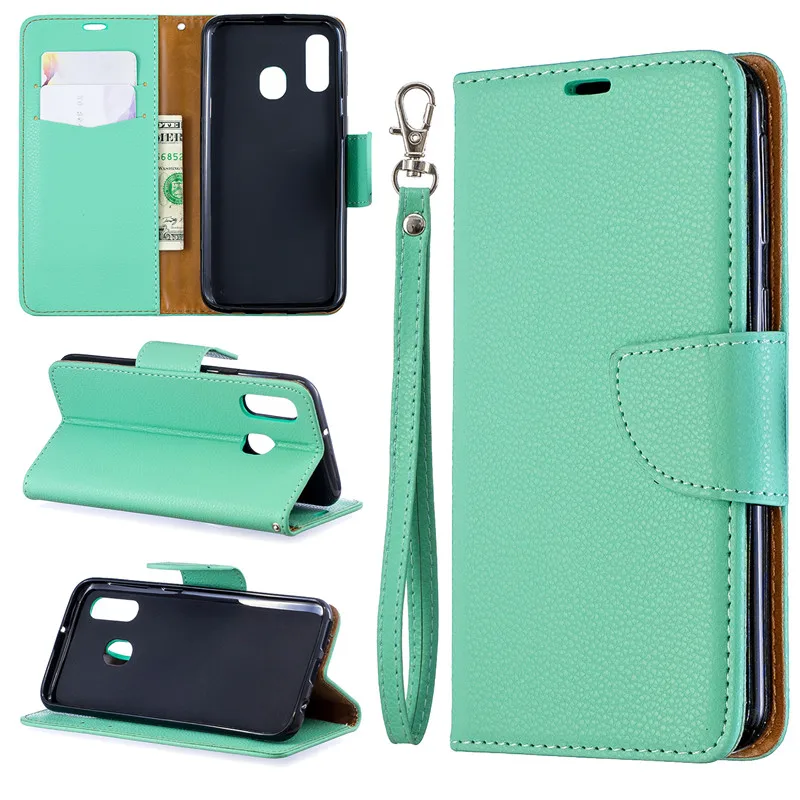 

Flip Cover Stand Wallet For Samsung Galaxy A40 Case Pure Color Lichee Pattern PU Leather Mobile Phone Cases