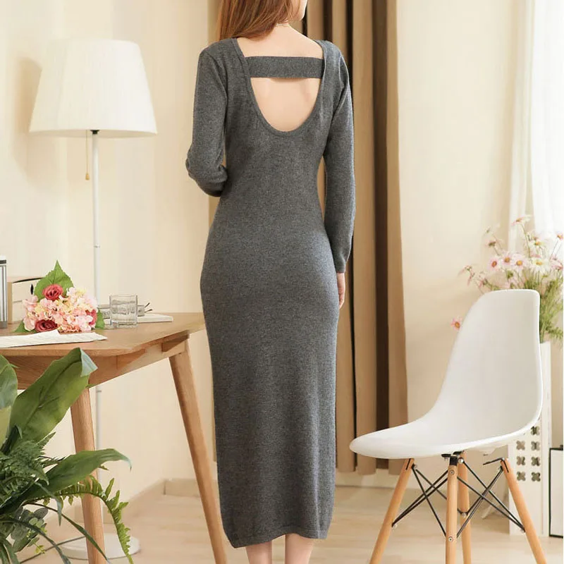 Ismtide Woman Cashmere Sweaters Knitted Dresses Warm Winter Long Sleeve Sexy Slim Female Pullovers Backless Sweater Dress Maxi | Женская