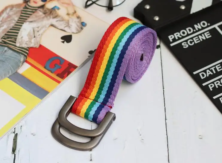

Summer Candy Rainbow Color Belt Women's Striped Casual Double Ring Buckle Casual Belt