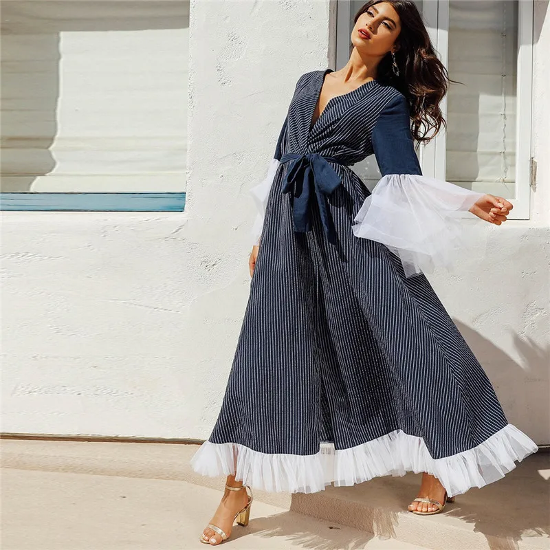 SHEIN контрастное Сетчатое платье-хиджаб Maxi с вырезом в полоску с поясом темно-синее элегантное платье с глубоким v-образным вырезом и длинным рукавом женское длинное платье