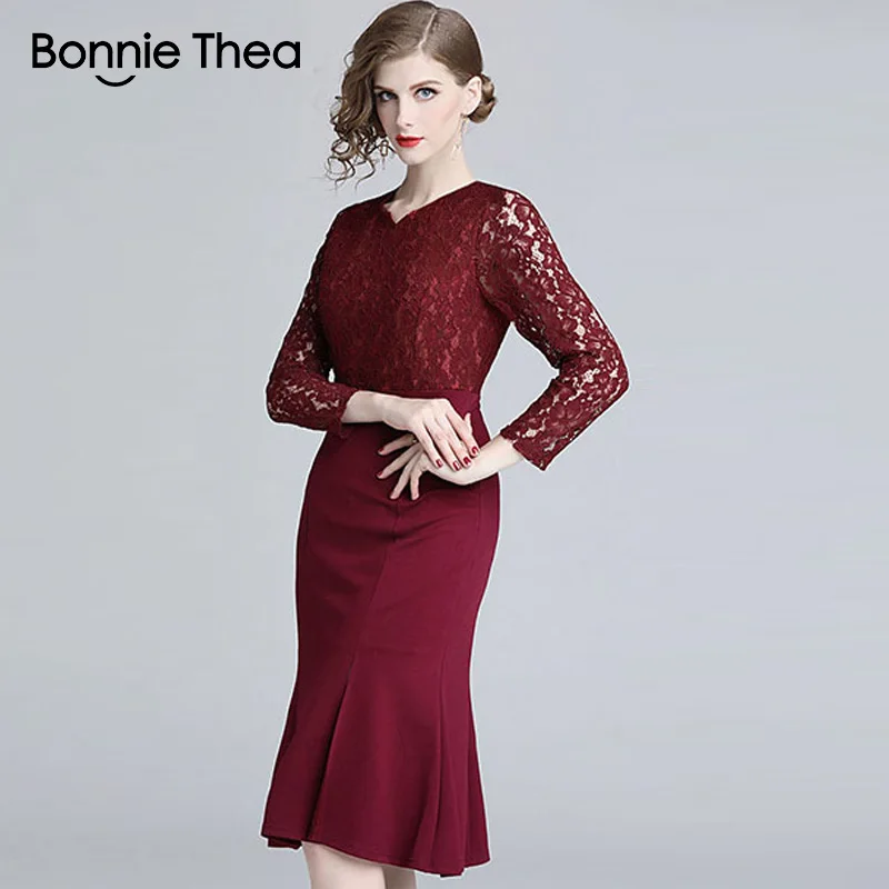 Женское Красное Кружевное Вечернее Платье Bonnie Thea Осеннее сексуальное элегантное