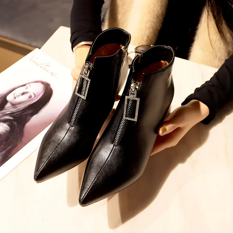 Женская обувь ботильоны с острым носком женские ботинки на молнии спереди
