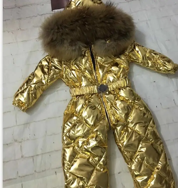gold 70cm-150cm Real fur hooded baby outergoing Winter children jumpsuit snow suit girl down boy Baby coveralls ski suit - Цвет: gold