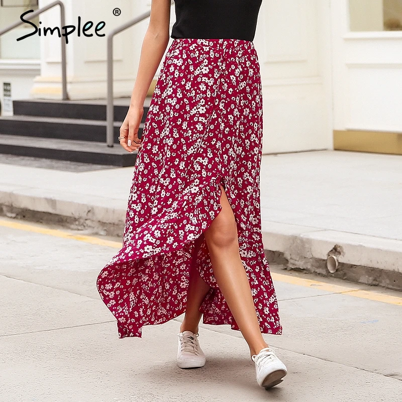 Simplee цветочный принт красная Бохо длинная юбка Женская Русалка Высокая талия