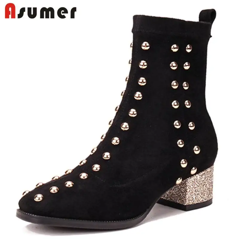 

ASUMER 2021 NEW fashion flock ankle boots women square med heel square toe slip on string bead autumn boots ladies shoes