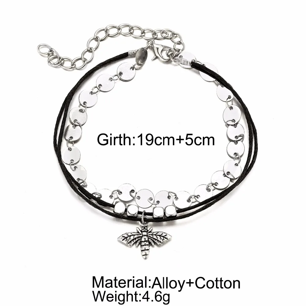 Vintage Antique Silver Color Anklet Women Honey Bee Sequins Geometric Bracelet Charm Bohemian Ankle Boho Foot Jewelry | Украшения и