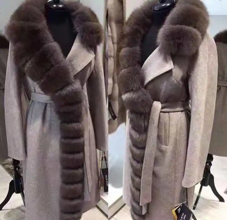 single collar 105 см размера плюс кашемировое пальто с воротником из натурального Лисьего меха, шерсть, зимний плащ из натурального меха, женская одежда, верхняя одежда из натурального меха - Цвет: single collar