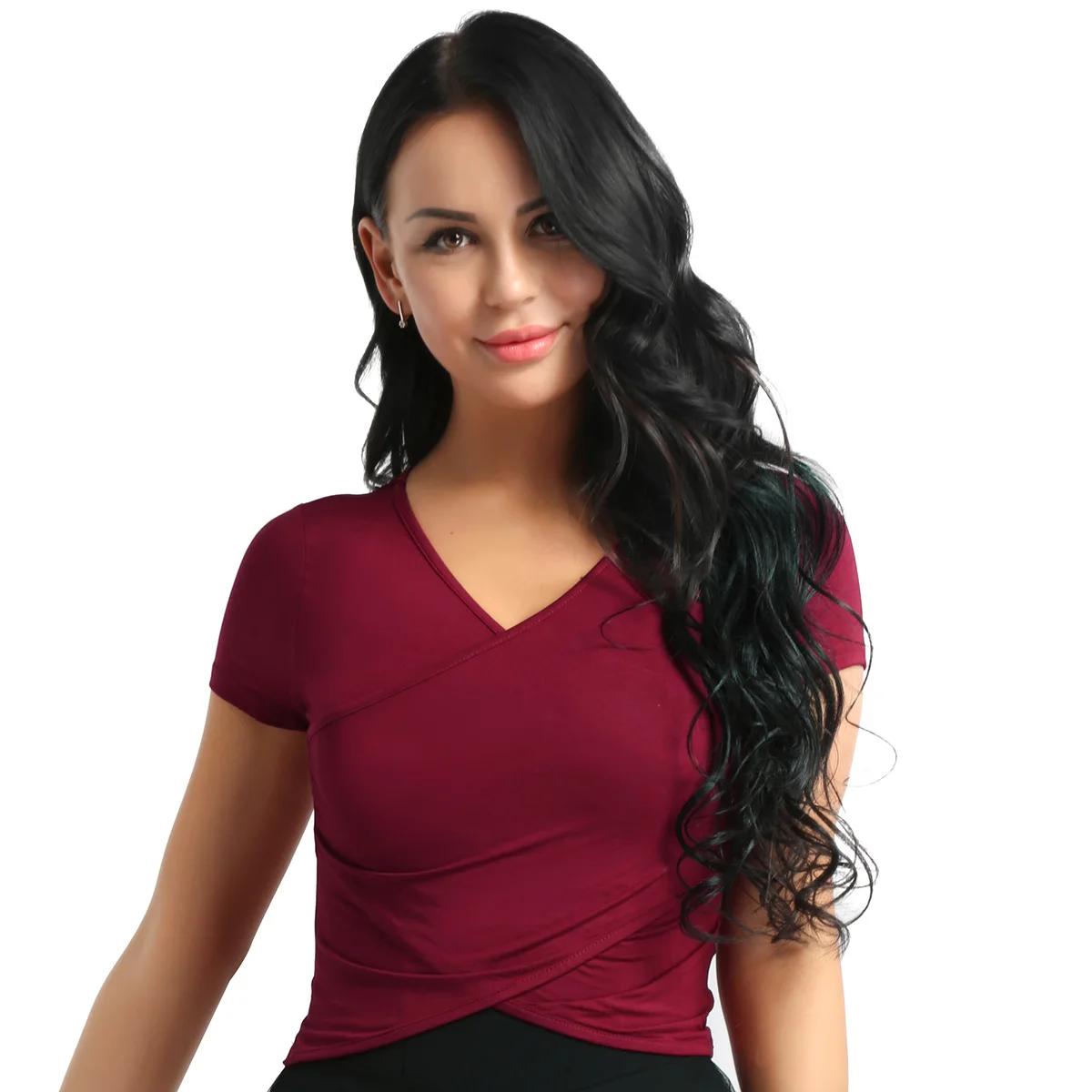 ChicTry Женская одежда с коротким рукавом Front Surplice балетки платок для танца Crop Top Йога Танго, латина танцевальный костюм для взрослых практические занятия танцами одежда