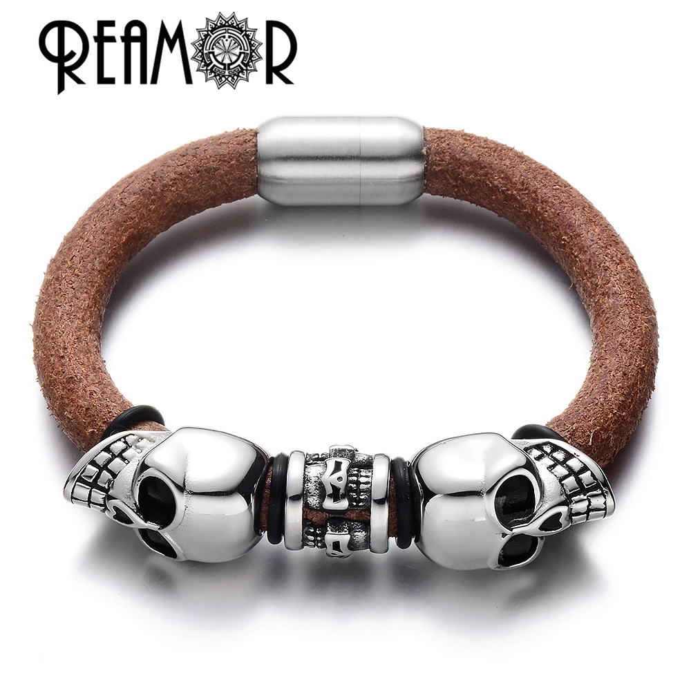 Мужской браслет из натуральной кожи с черепом в стиле панк|bracelet magnetic clasp|leather charm