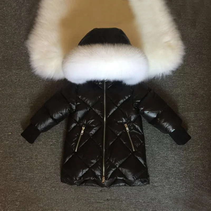 Black White Fox Зимняя куртка-пуховик для мальчиков; пальто с натуральным мехом для маленьких девочек; Водонепроницаемая теплая детская одежда; Верхняя одежда; ветрозащитная одежда для детей - Цвет: Black White Fox