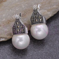 whosale 2 colors black white elegant simple round shell pearl bead silver hook stud clip pierced earrings