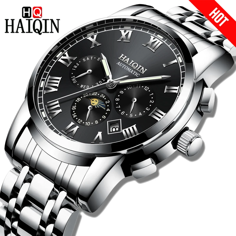 

New HAIQIN Luxury Business Men Watches Mechanical sports Chronograph Waterproof steel Male Wristwatch Calendar Moon Phase clock