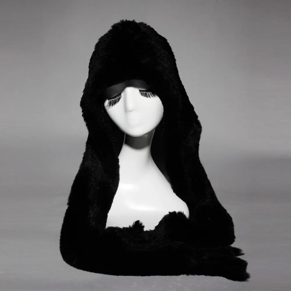 Зимний женский шарф с капюшоном из кроличьего меха разноцветная толстовка