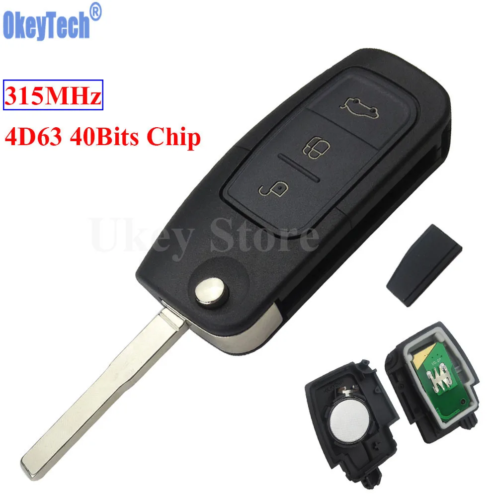 

OkeyTech 3 Buttons 315MHz 4D63 Chip Keyless Entry Fob Car Remote Key for Ford Mondeo Focus Fiesta C Max S Max Galaxy HU101 Blade