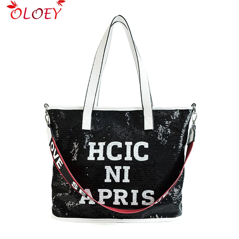 OLOEY Новый Осень 2018 г. Мода блестками сумки дамы повседневное Tote письма Bling сумка