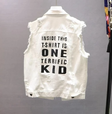 White Letter Vest Летние джинсы жилет Femmes белоснежный письмо отверстия жилет Для женщин весна дикий джинсовая куртка жилет Мода Chalecos Para Mujer - Цвет: White Letter Vest