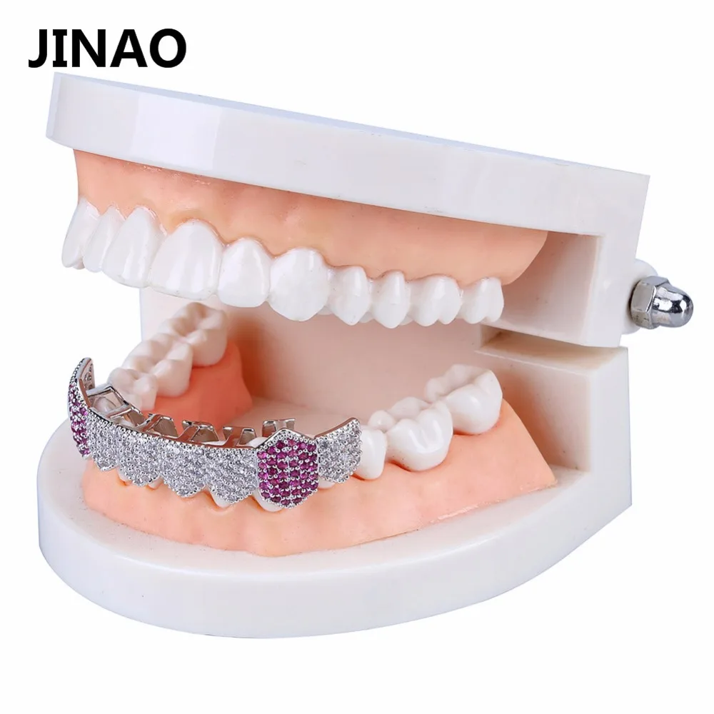 JINAO в стиле хип-хоп льдом Зубы вампира Grillz Gold посеребренный Micro Pave CZ камни только