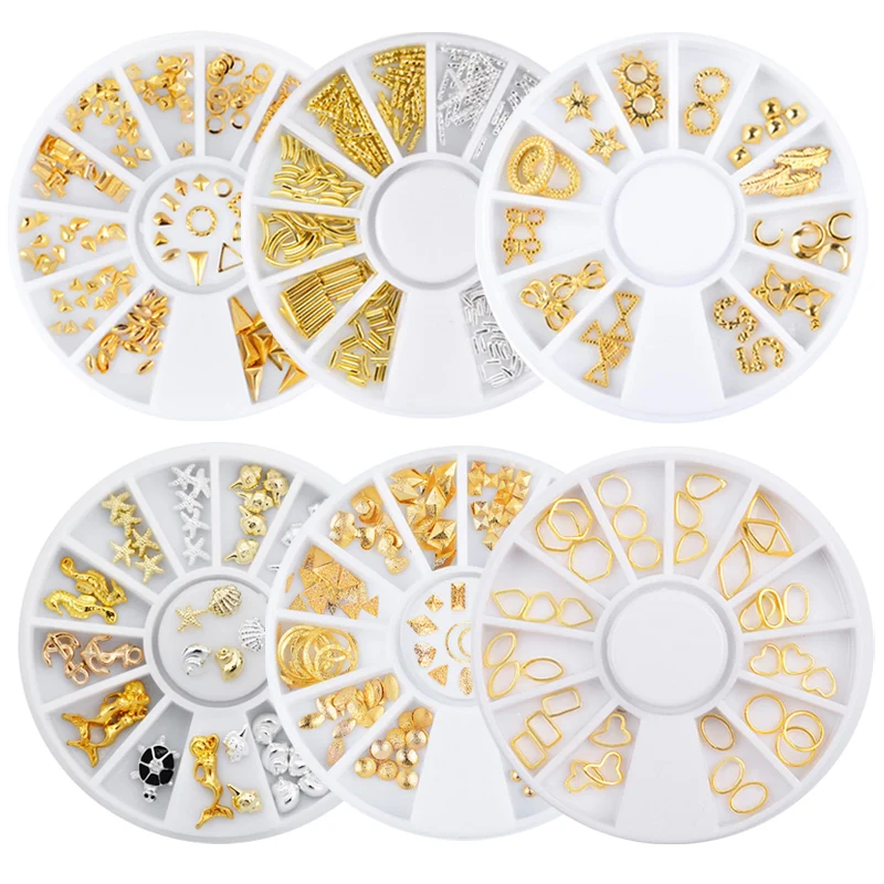 

1 Box Gold Silver Nail Rivets Studs Starfish Shell Anchor Pattern 3D DIY Shiny Metal Hollow Manicure Nail Art Decoration Wheel