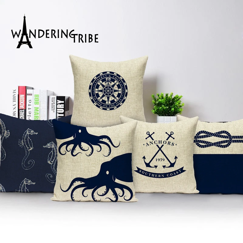 

Sea Blue Compass Printed Cushion Cover Anchor Pattern Marine Ship Throw Pillow Case Decorative Pillowcase Cojines Almofadas