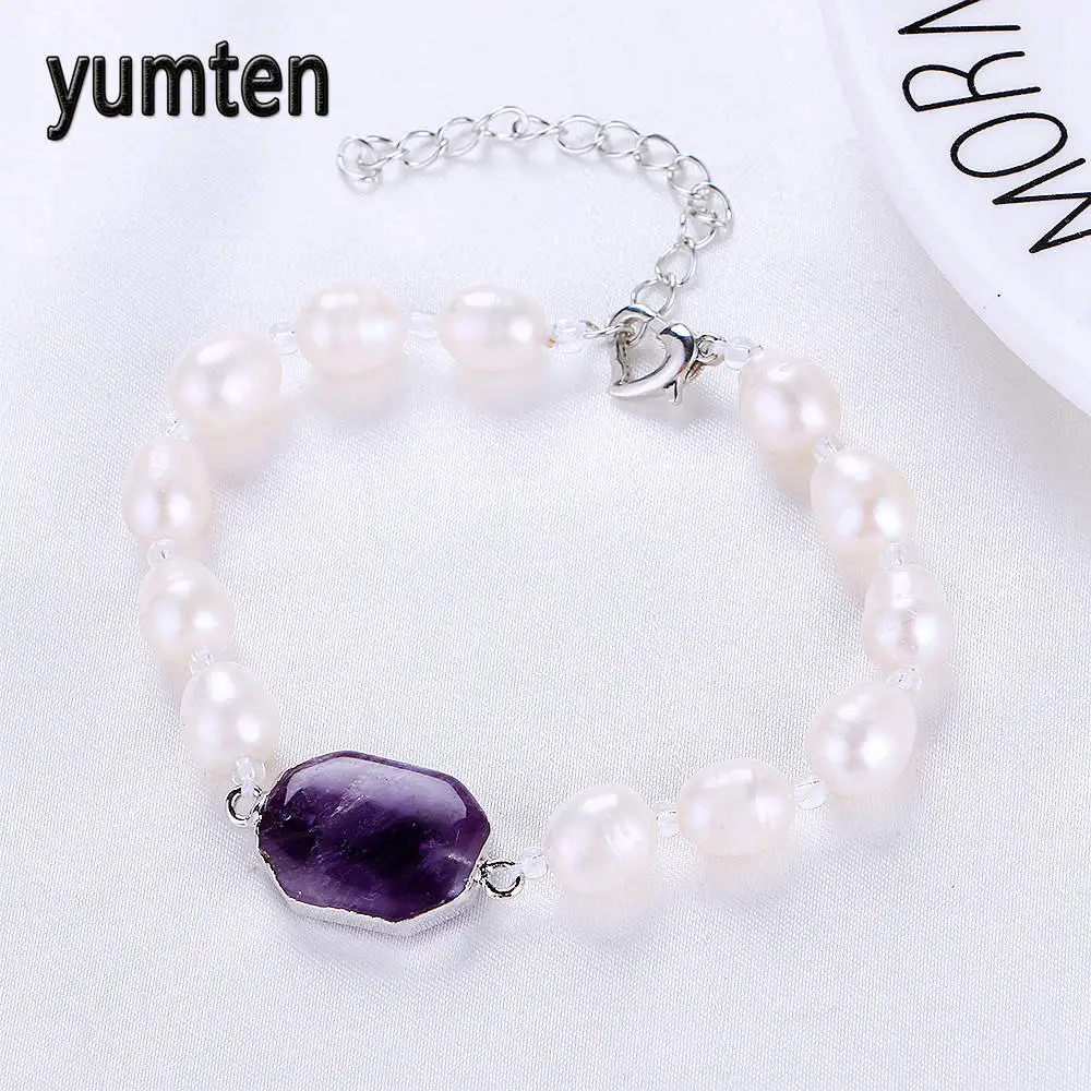 Yumten White Pearl Bracelet Strand Infinity Womens Bangle Jewelry Natural Stone Amethyst Chain Link Silver Accessories | Украшения и