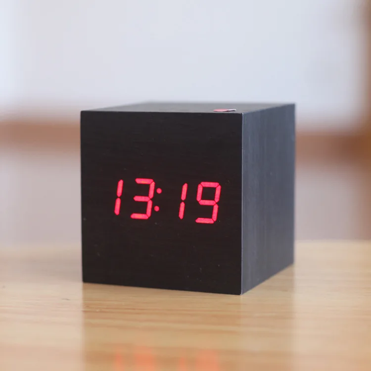 black red Деревянный куб светодиодный Будильник, despertador контроль температуры звуков светодиодный дисплей, электронные настольные цифровые настольные часы, SKU4A4A3 - Цвет: black red